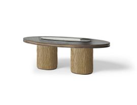OVAL TABLE WITH WOOD TOP AND MARBLE INSERT. W.220 CM