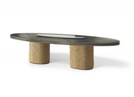 OVAL TABLE WITH WOOD TOP AND MARBLE INSERT. W.300 CM